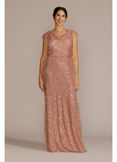 Cowl Neck Cap Sleeve Allover Sequin Gown - With light-catching sequins, dainty cap sleeves, and a